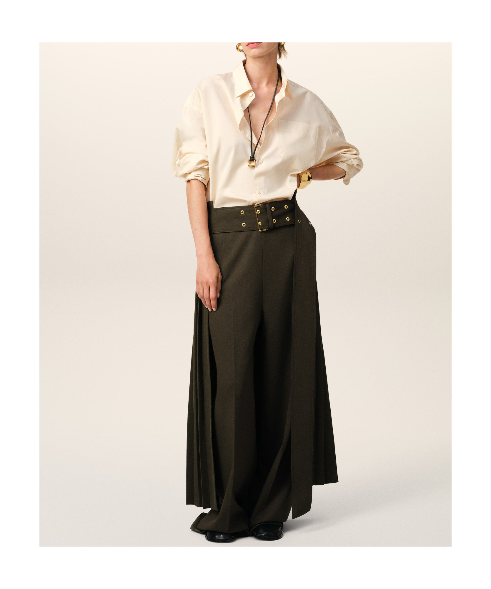 Ami Alexandre Mattiussi Green Wool Twill Belted Pleated Skirt Green In Black Olive