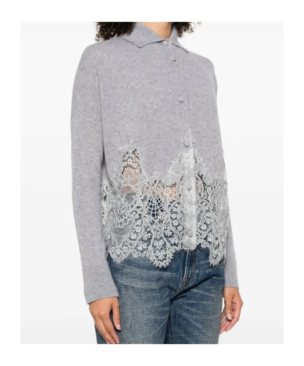 Ermanno Scervino Lace-trimmed Cashmere Cardigan In Gray