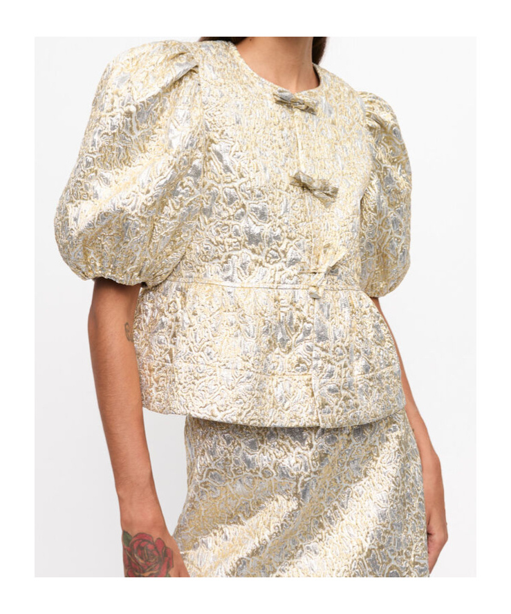 Shop Ganni Gold And Silver Peplum Tie String Blouse In Nude
