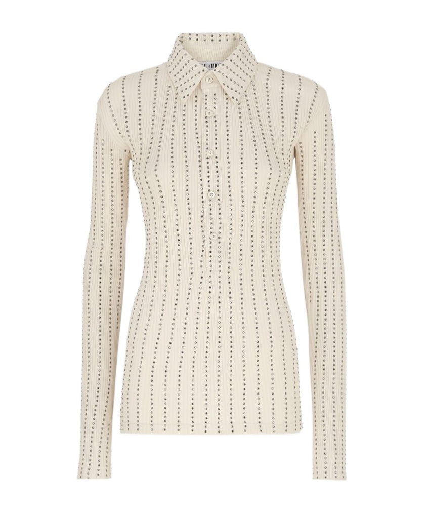 Shop Attico The Embellished Long-sleeved Polo Shirt In White