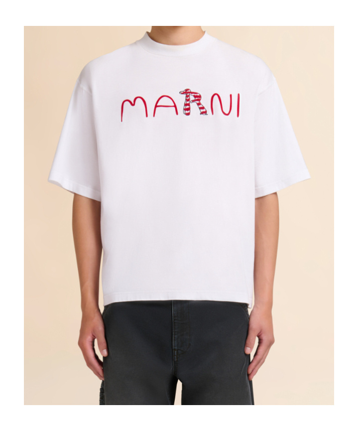 Marni Cotton T-shirt With Flocked Animal Alphabet Logo In White