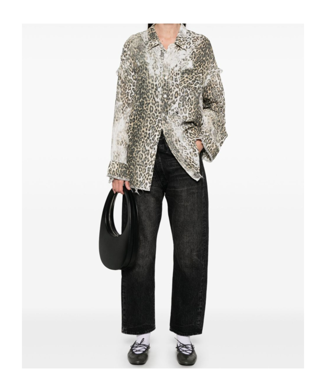 R13 Shredded Seam Drop Neck Leopard Print Button-up Shirt In Nude