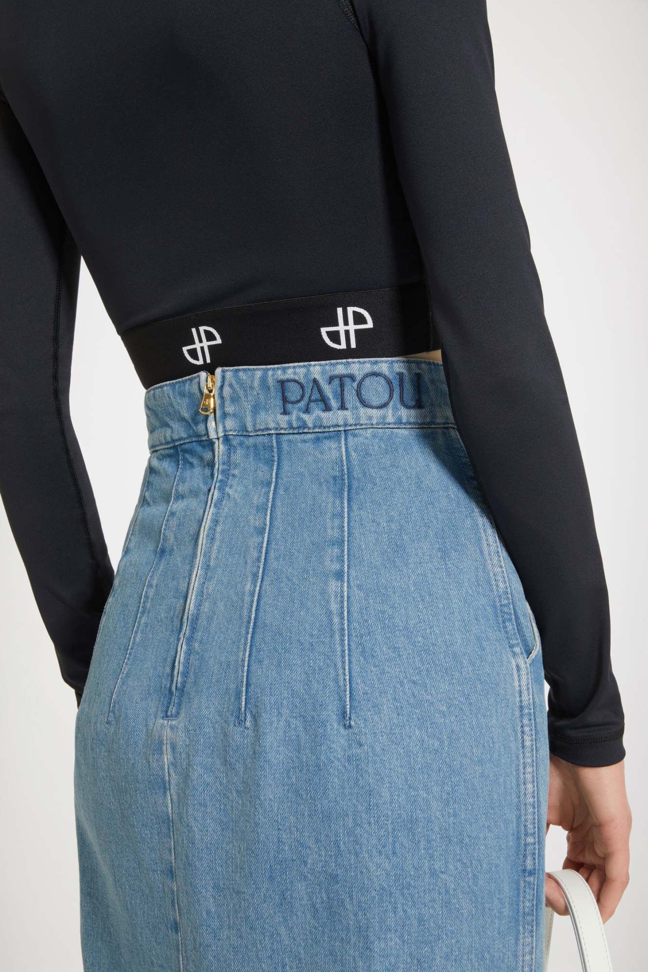 Patou Front-slit High-waist Denim Midi Skirt In Blue