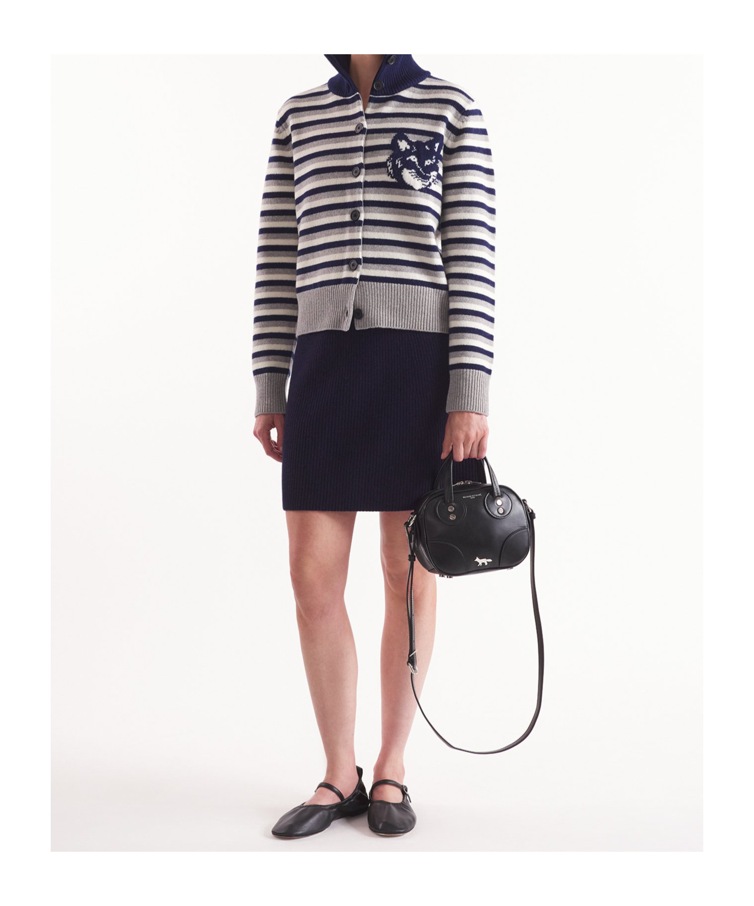 MAISON KITSUNÉ FOX HEAD INTARSIA STRIPED REGULAR CARDIGAN 