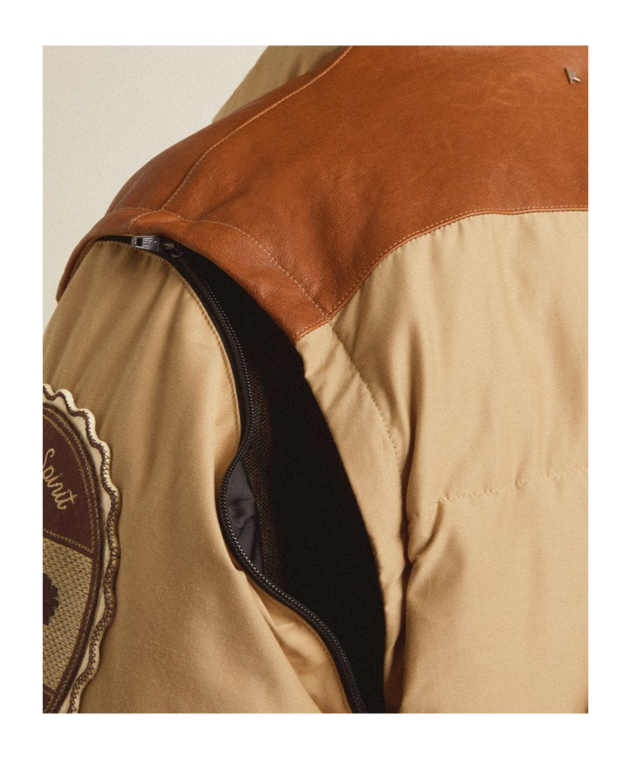 Golden Goose Beige Bomber Jacket With Leather And Patch Details In Brown