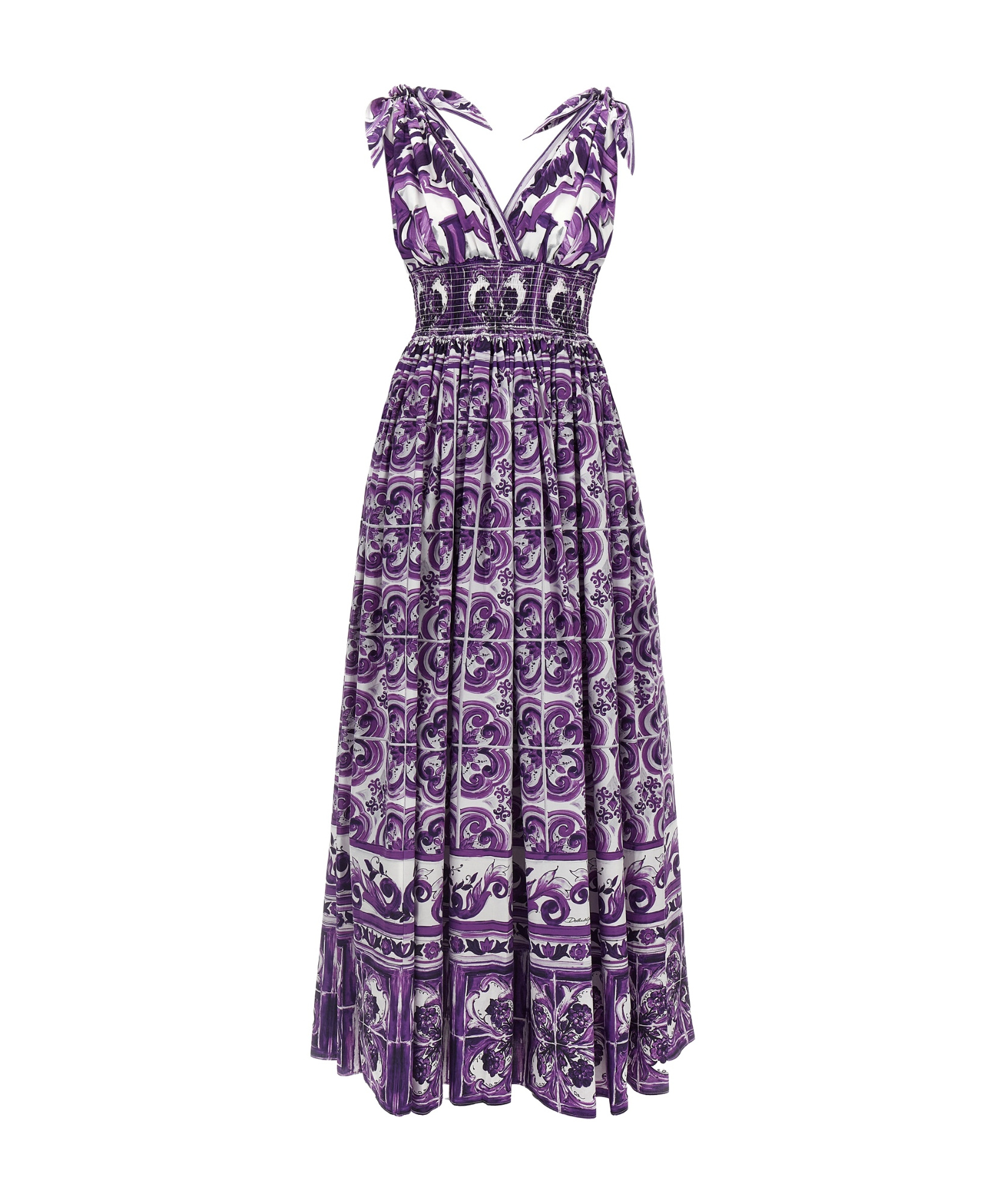 Dolce & Gabbana Smocked V-neck Maxi Dress With Tie Straps In Purple