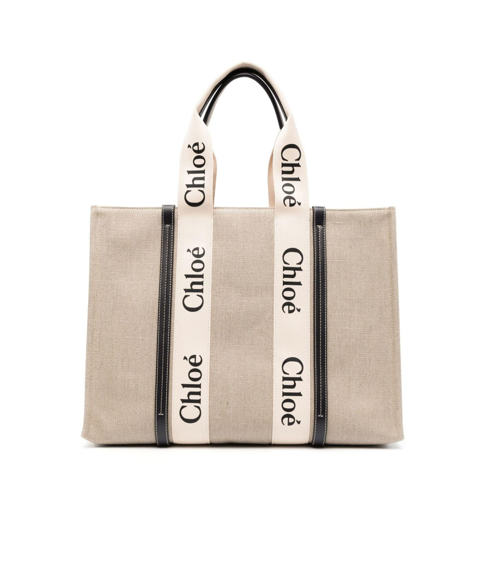Chloé Large Woody Tote Bag In Linen White Size Onesize 100% Linen, Calf-skin Leather, Polyester In Nude