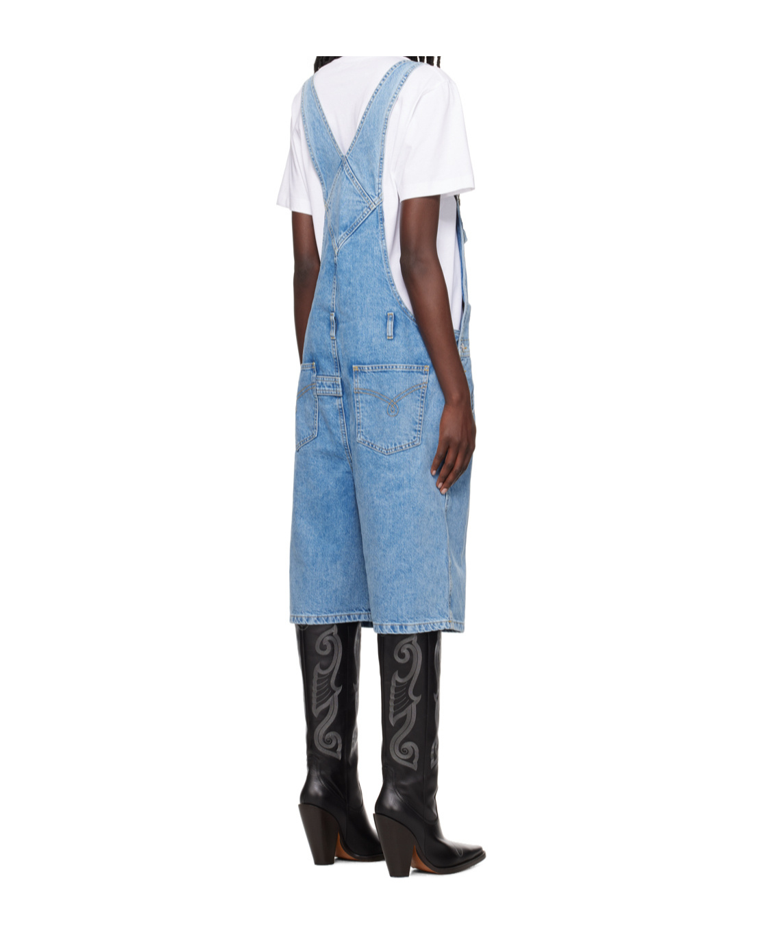 MOSCHINO SQUARE NECK DENIM OVERALLS