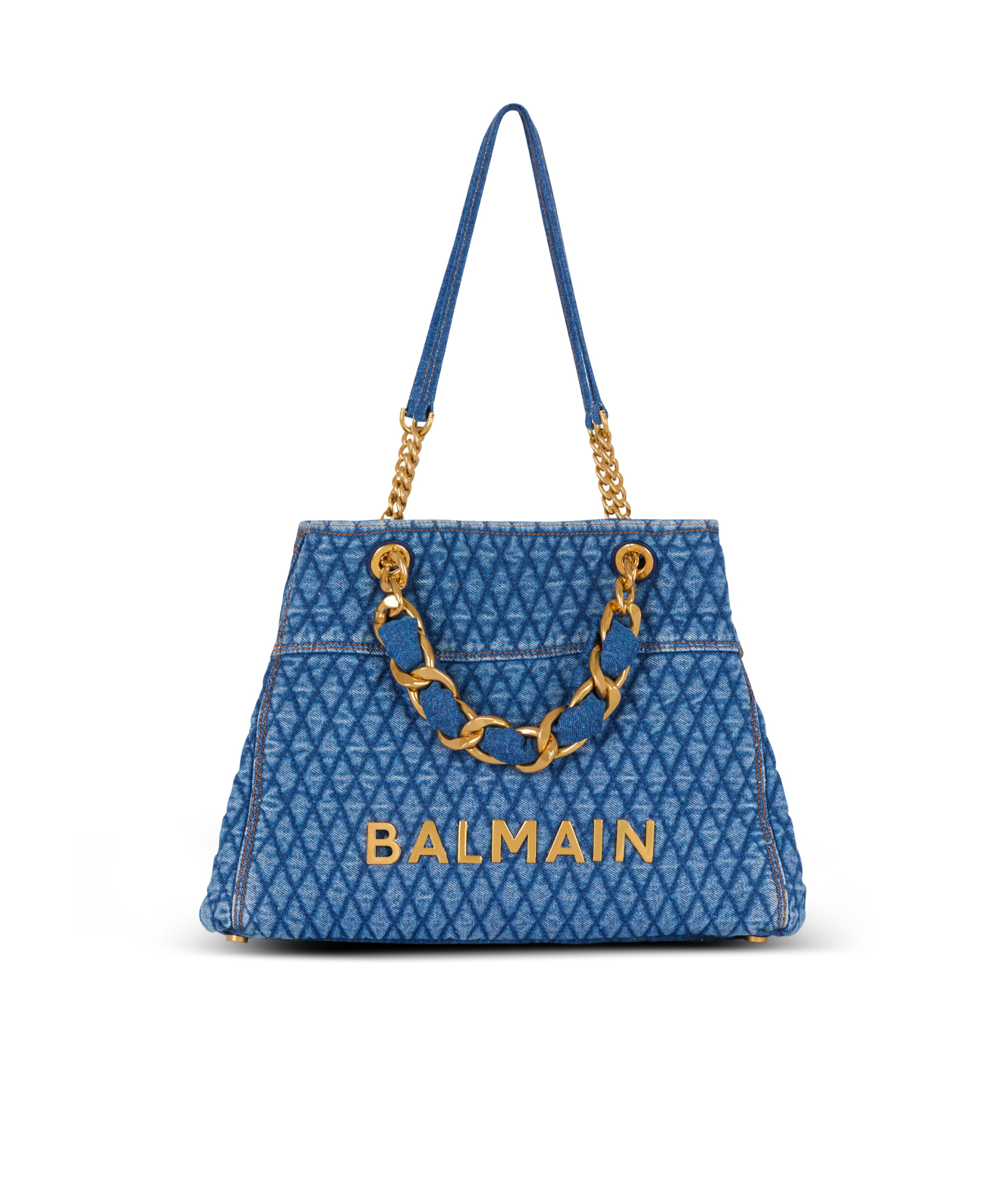 Balmain 1945 Soft Tote Bag In Diamond-quilted Denim In Blue