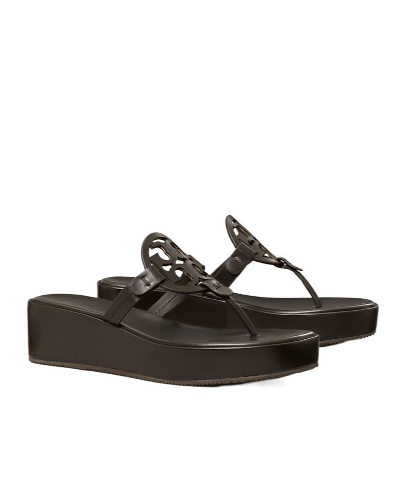 Tory Burch Black Logo Wedge Sandals In Brown