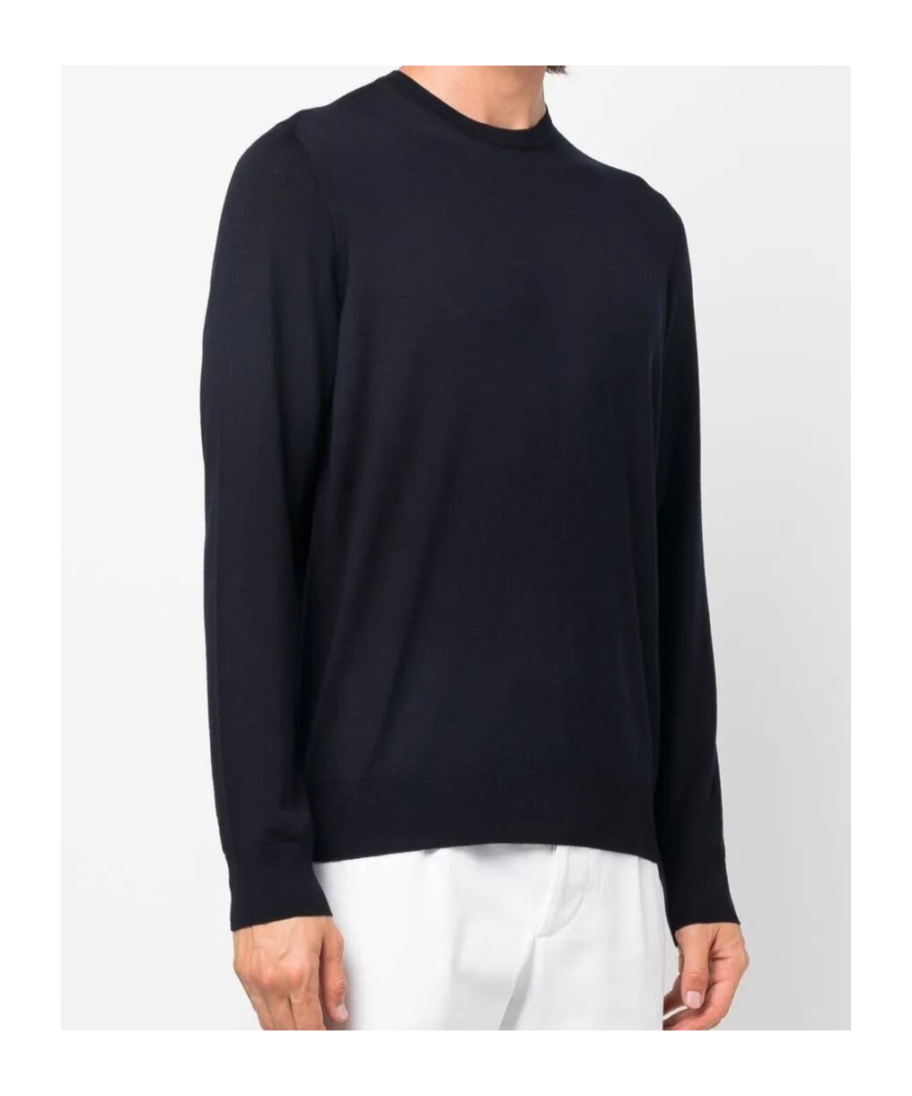 Giorgio Armani Refined Wool Knit Sweater With Round Neckline In Blue