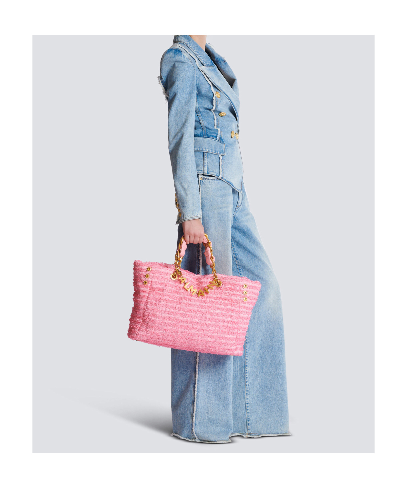 Balmain 1945 Soft Tote In Tweed-effect Raffia In Pink