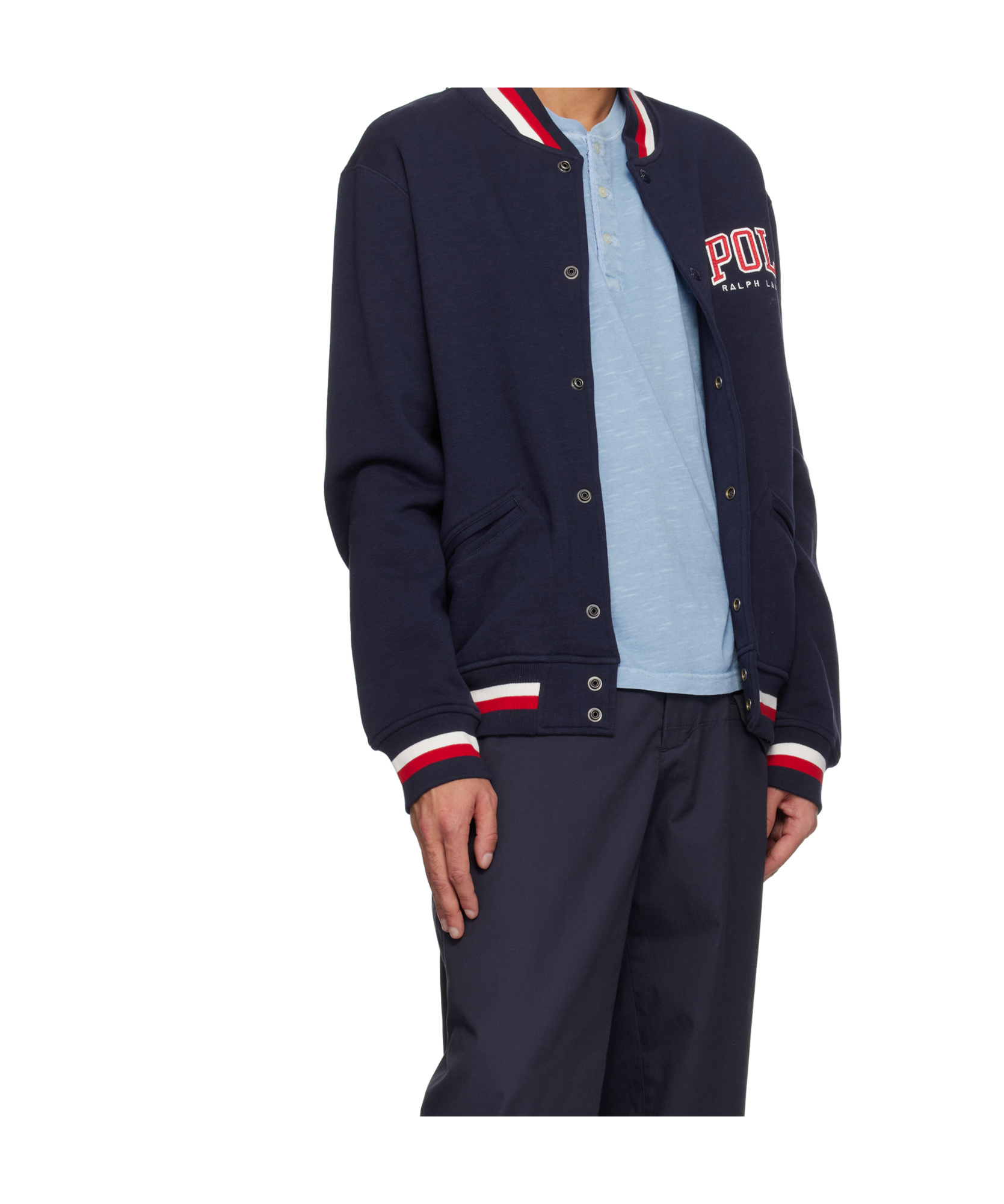 Polo Ralph Lauren Ribbed Collar Striped Detailing Front Pockets Jacket In Navy Blue