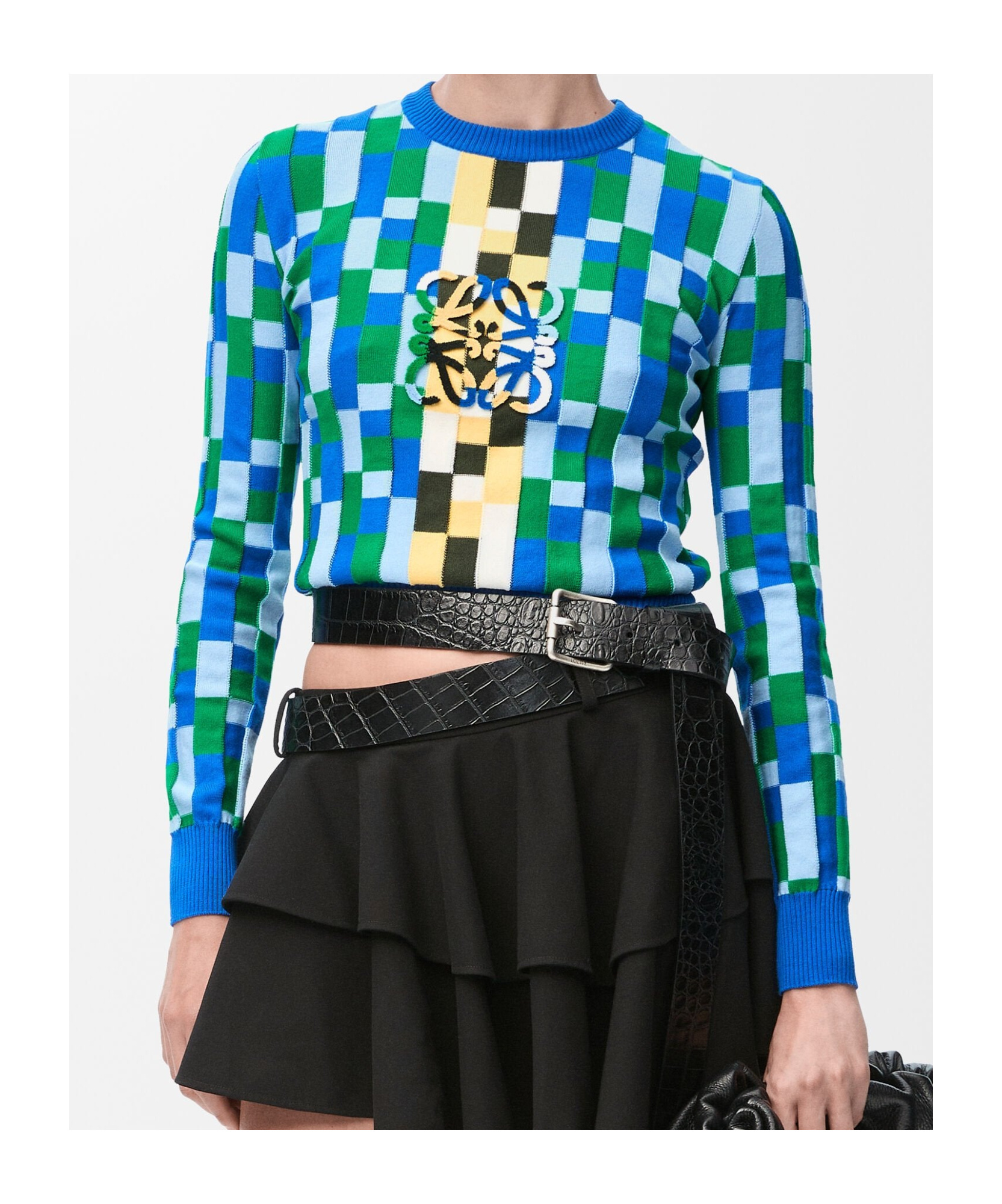 Loewe Anagram Appliquéd Checked Intarsia Cotton Sweater In Multi-color