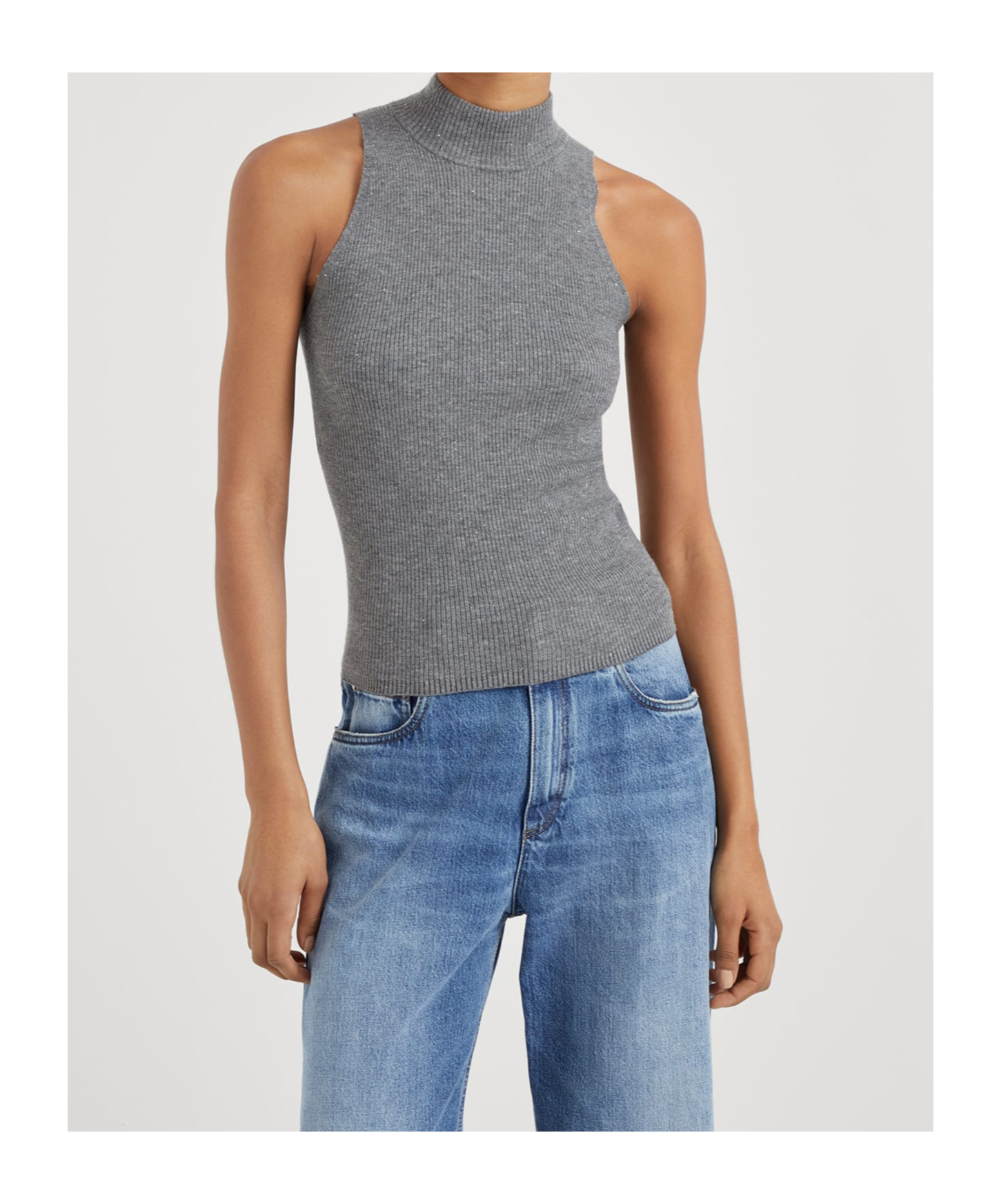 Brunello Cucinelli Sleeveless High Neckline Ribbed Top In Gray