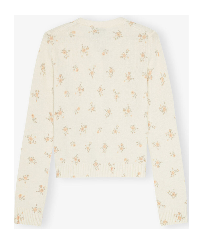 Ganni Womens Antique White Floral-print Embellished-button Wool-blend Knitted Cardigan In Multi