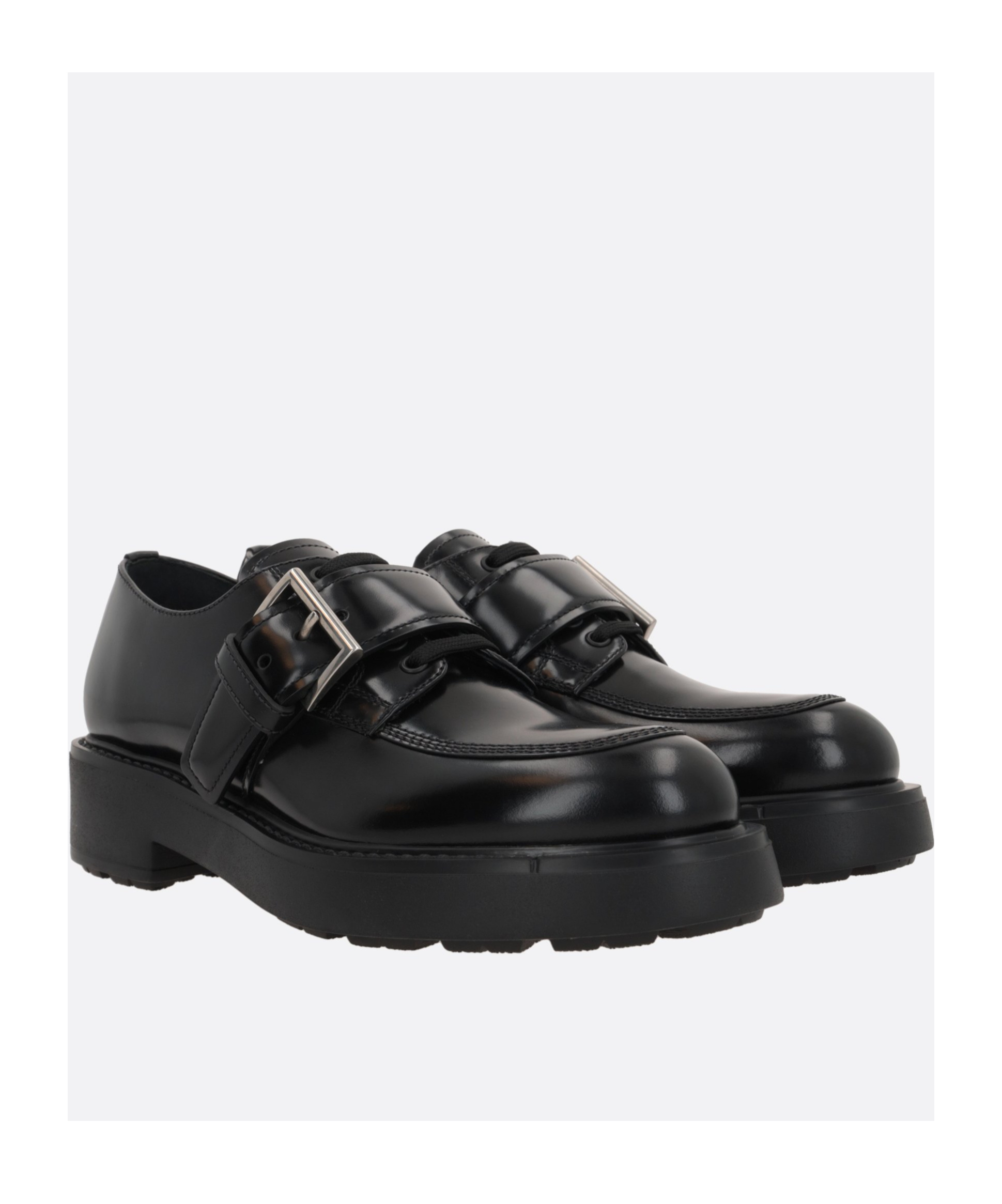 Prada Brushed Leather Lace-up Shoes With Strap In Black
