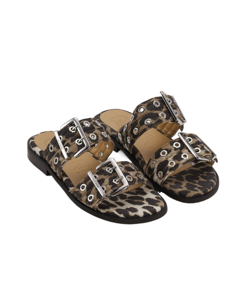 Ganni Leopard Print Buckle Slide Double Strap In Black
