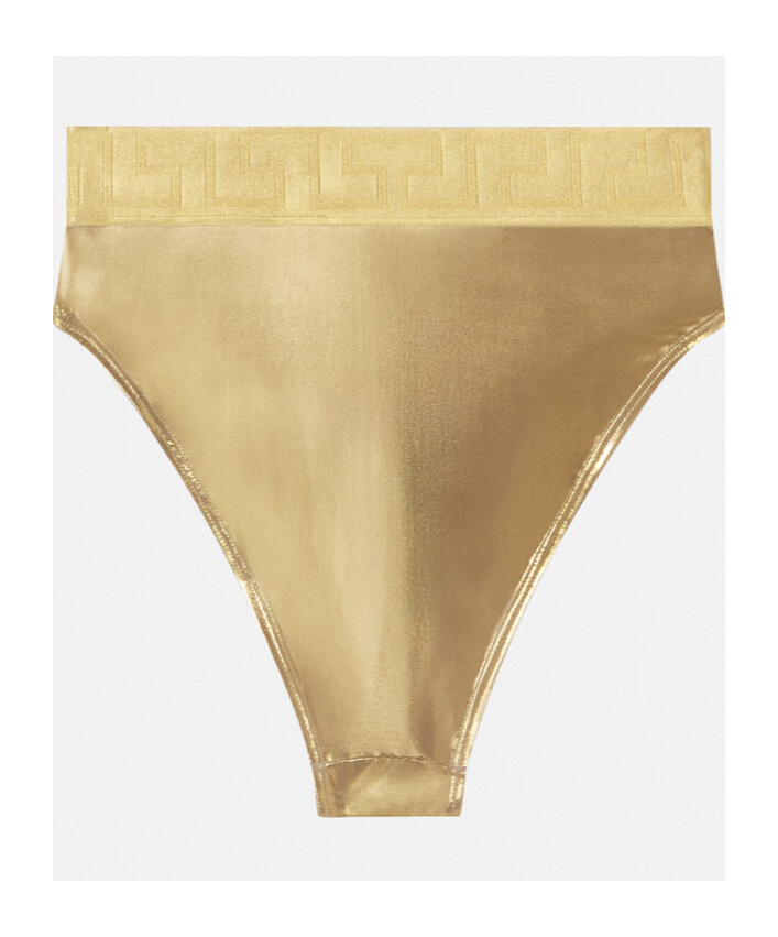 Versace Women Greca Border Bikini Bottoms With Metallic Finish In Nude