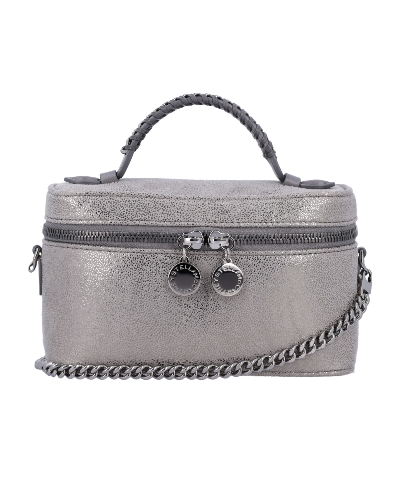 Stella Mccartney Metallic Top Handle Chain Strap Clutch Bag In Gray