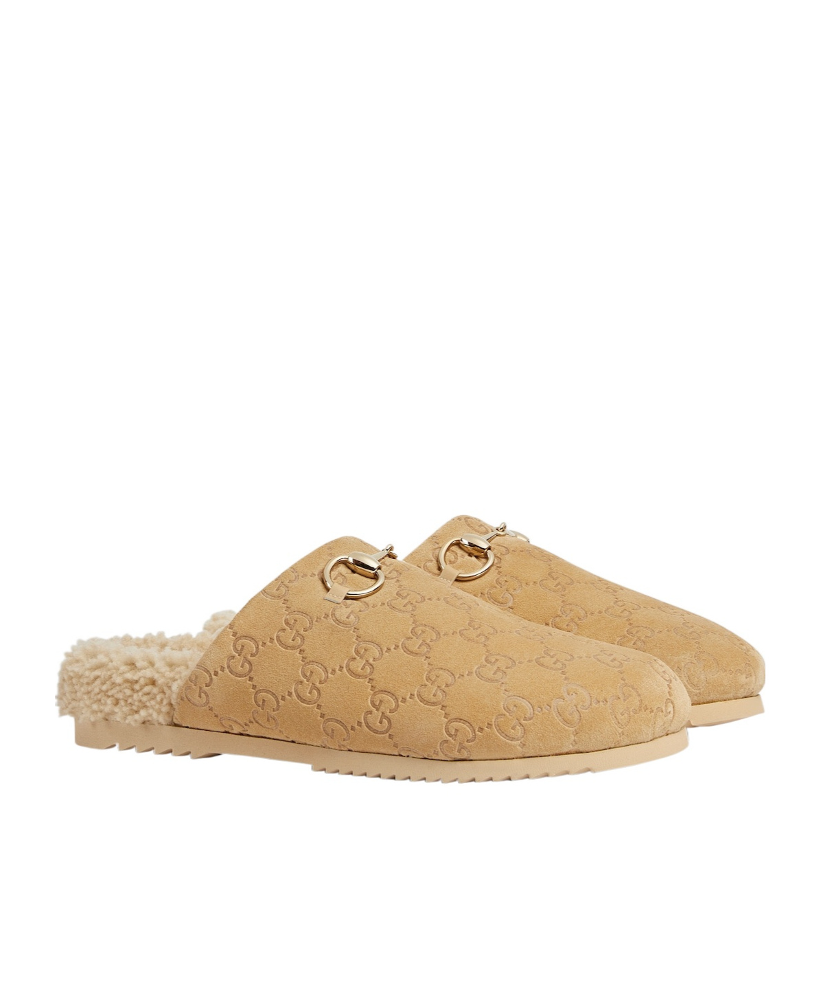 Gucci Horsebit Gg Suede Shearling Mules In Nude
