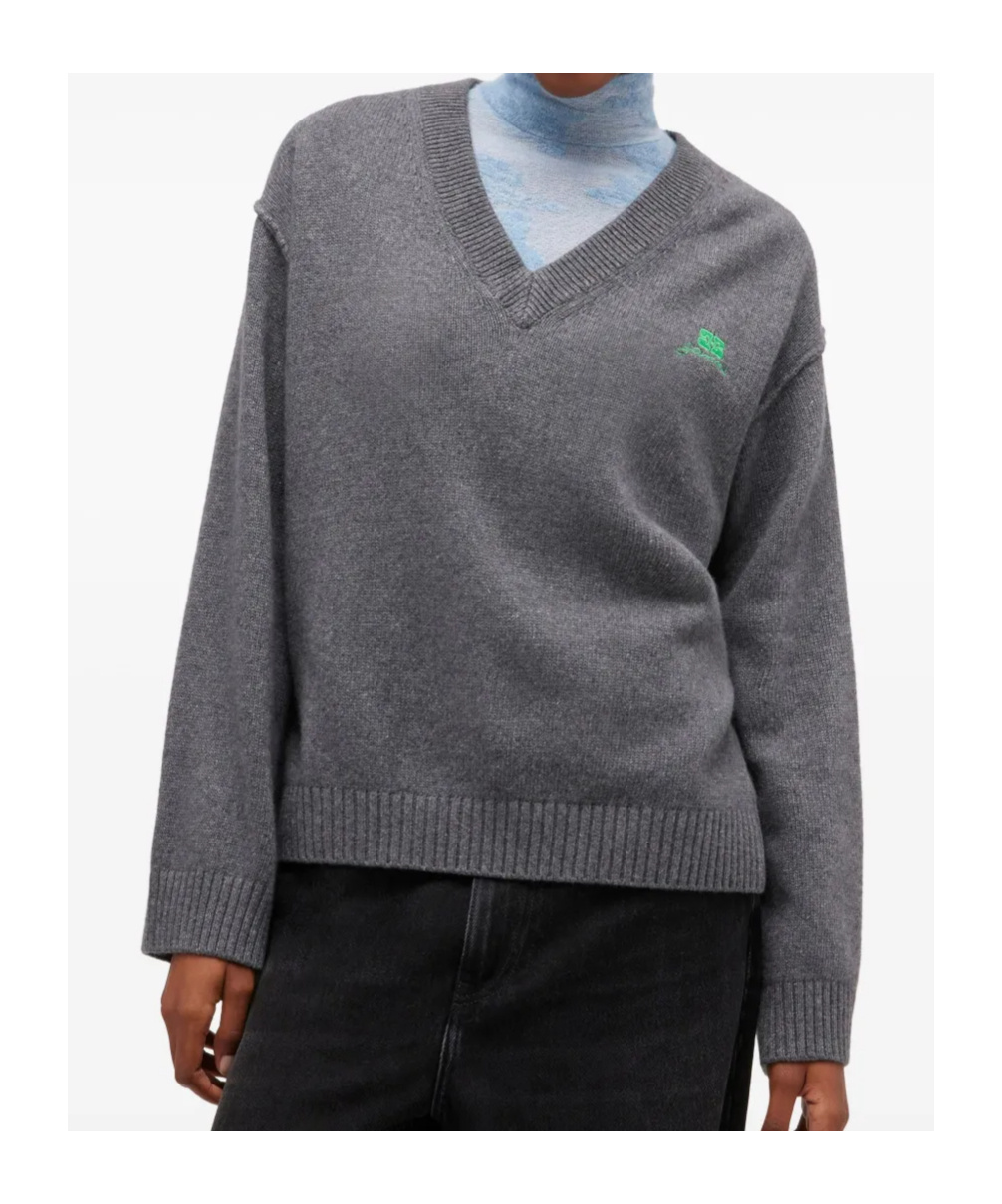 Ganni V-neck Logo Sweater In Gray