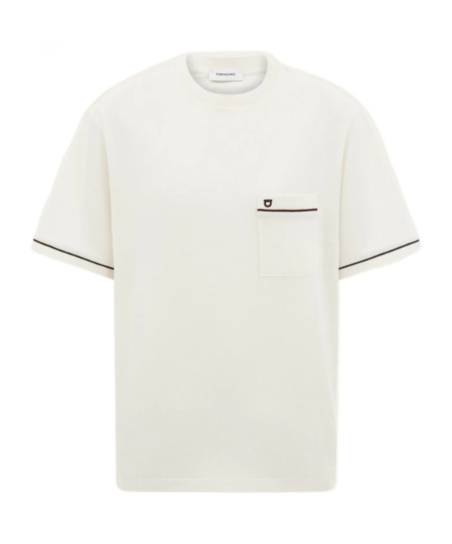 Ferragamo Gancini Crew Neck T Shirt Pocket Trim In White