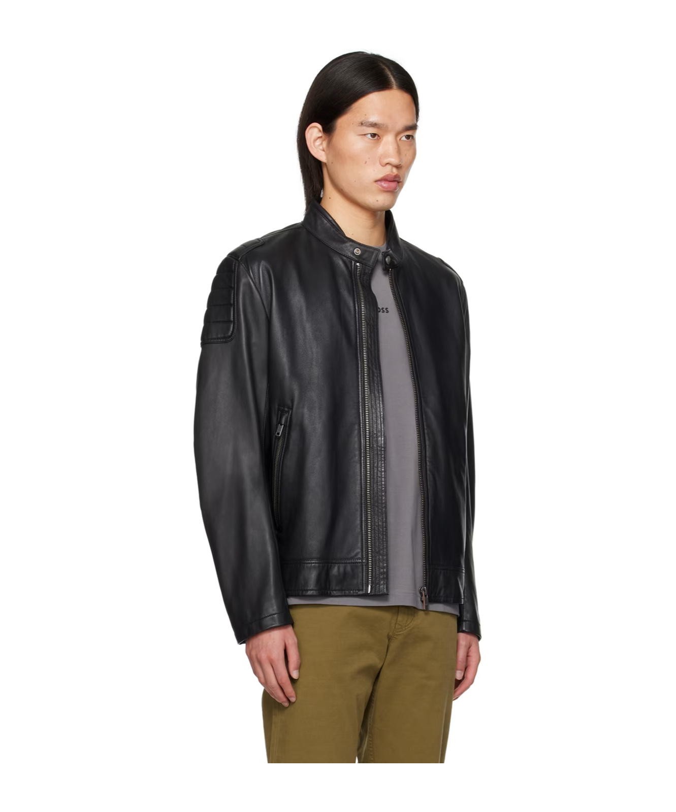 Hugo Boss Leather Jacket With Zipper Front In Black