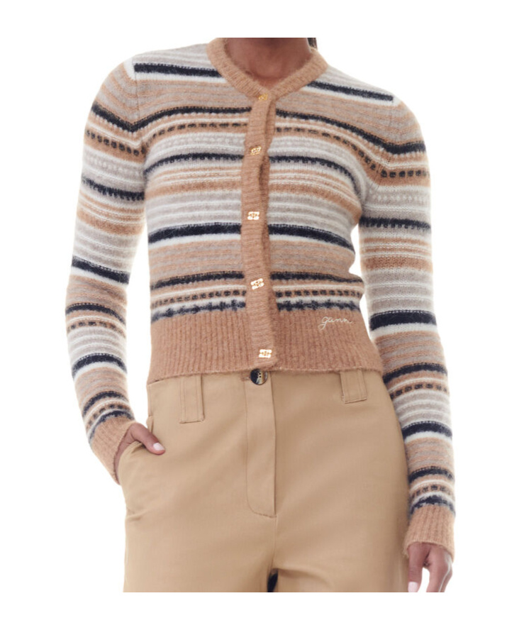 Ganni Regular Fit Cardigan With Stripe Pattern In Nude