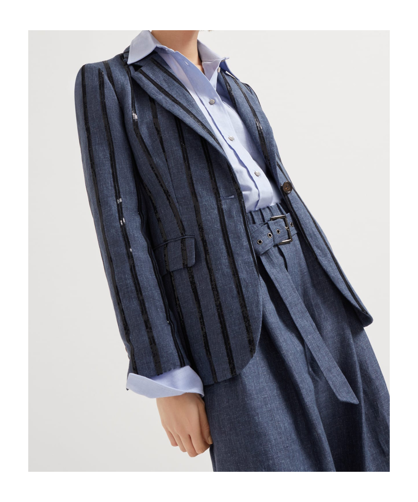 Brunello Cucinelli Paillette Striped Denim-effect Linen Single-breasted Blazer In Denim Blue