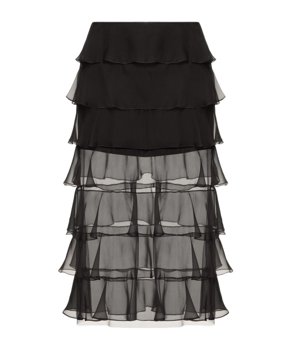 Valentino Semi-sheer Chiffon Midi Tiered Skirt In Black