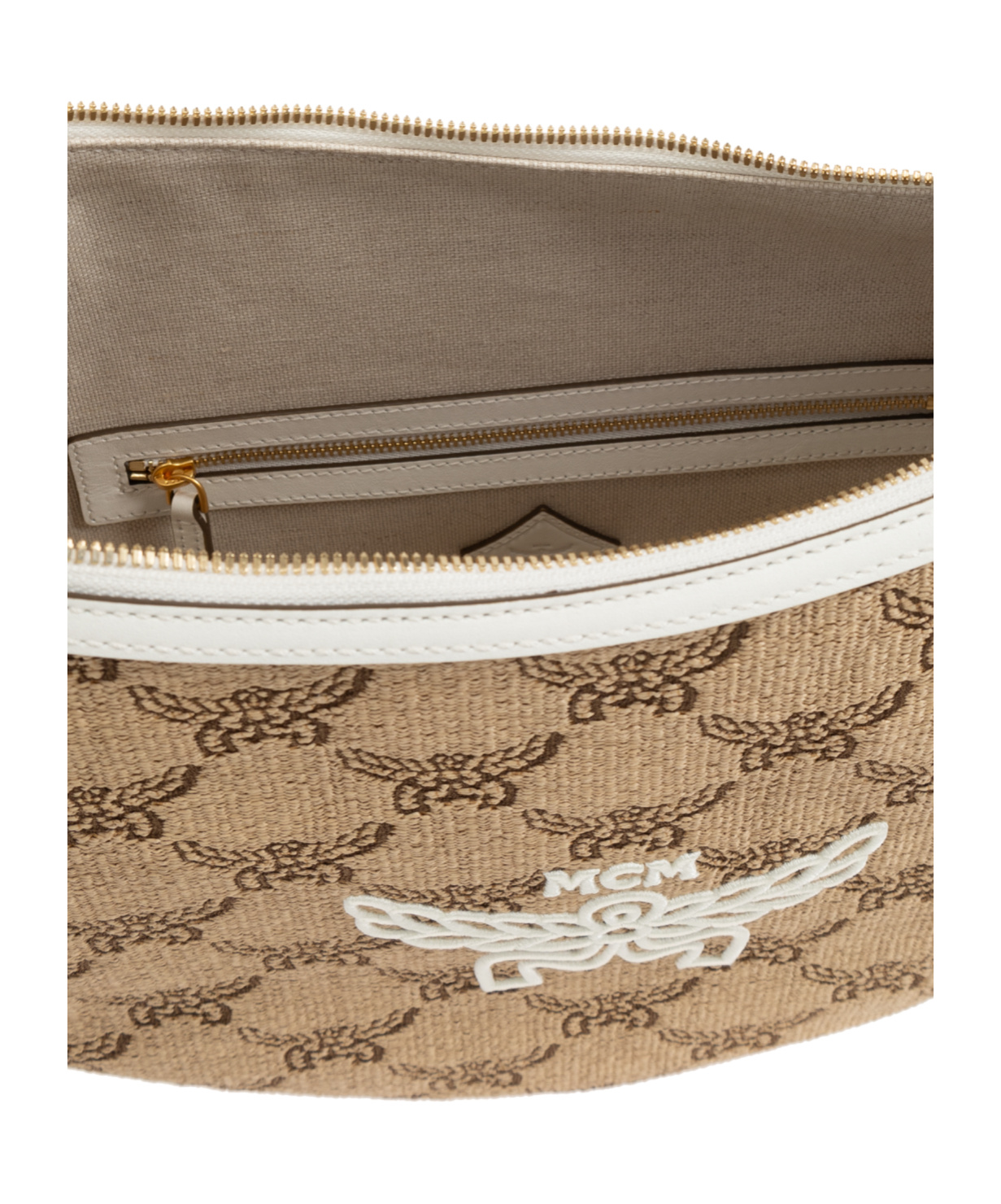 Mcm Women Embroidered Raffia Himmel Ascending Moon Shoulder Bag In Nude