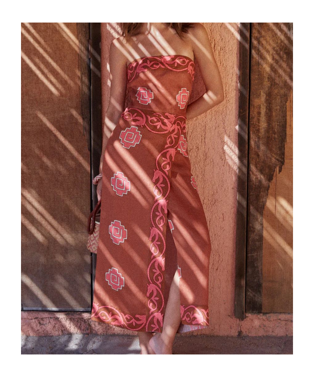 Johanna Ortiz Ancient Strapless Wrap-effect Printed Linen Midi Dress In Brown