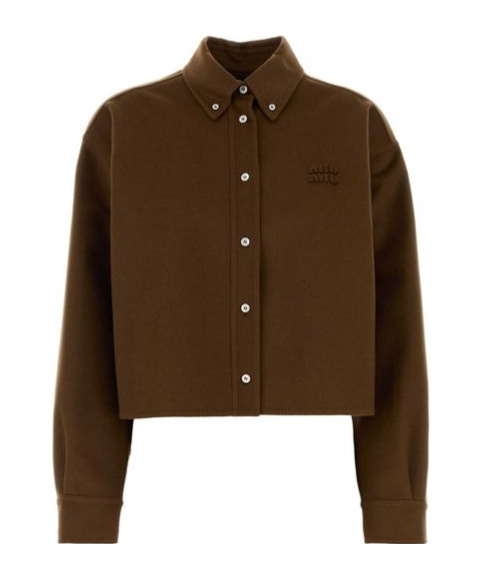 Miu Miu Cropped Long Sleeve Wool Blend Shirt In Brown