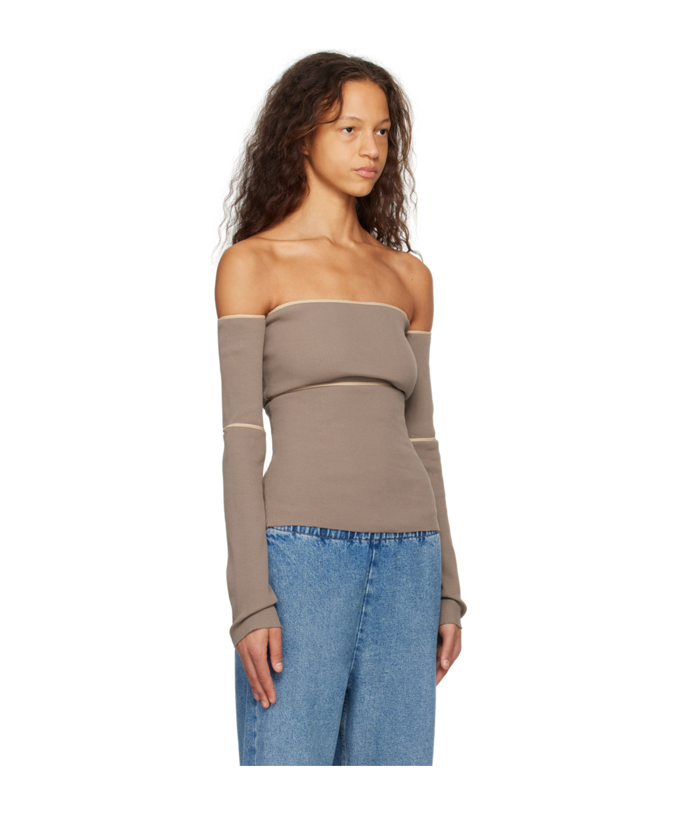 Mm6 Maison Margiela Taupe Off-the-shoulder Blouse In Brown