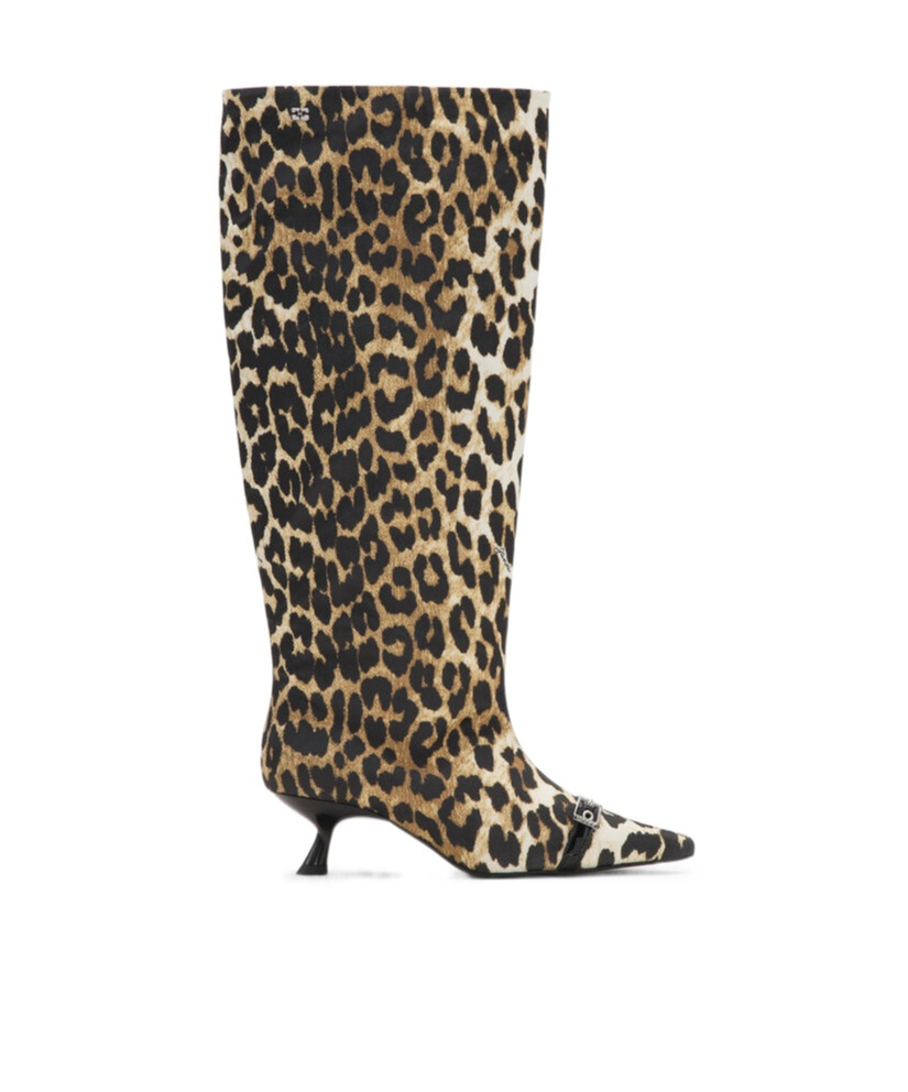 Ganni Slouchy Pointed Toe Kitten Heel Knee High Boot In Animal Print