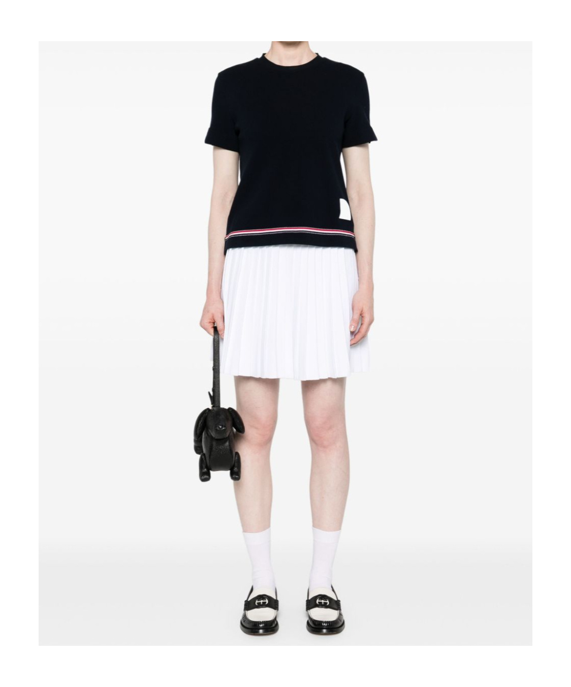 Thom Browne Navy Blue Piqué Cotton T-shirt With Tricolor Stripe In Black