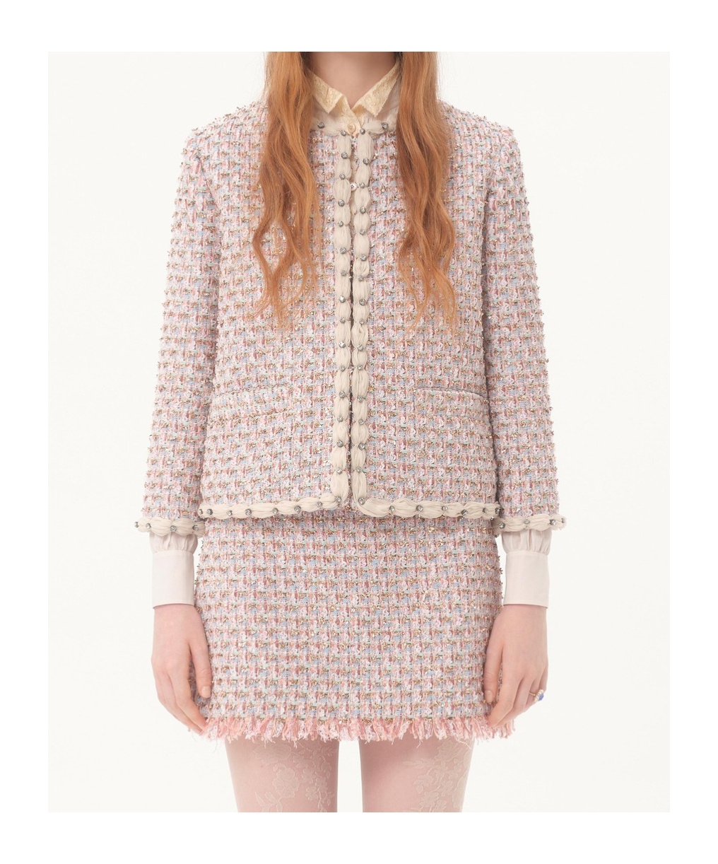 Valentino Garavani Embroidered Ribbon Tweed Jacket In Nude