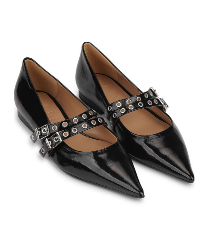 Ganni Faux Leather Mary Jane Flats In Black