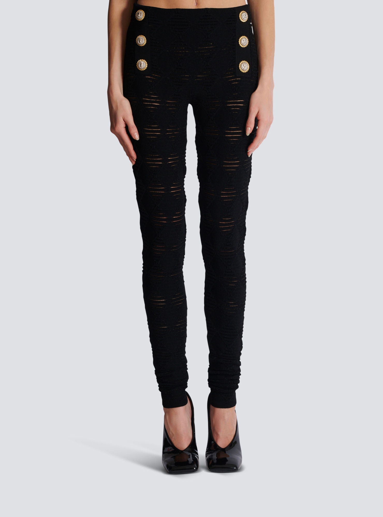 Balmain Embossed-button Open-knit Leggings In Black