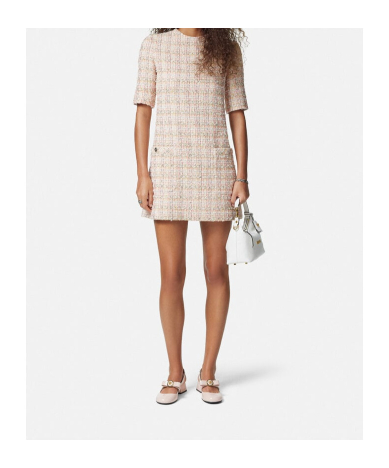 Versace Metallic Tweed Mini Dress In Nude