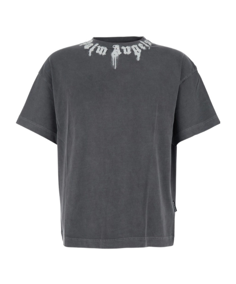 Palm Angels Gradient Gray Cotton T-shirt With Contrast Print In Gray