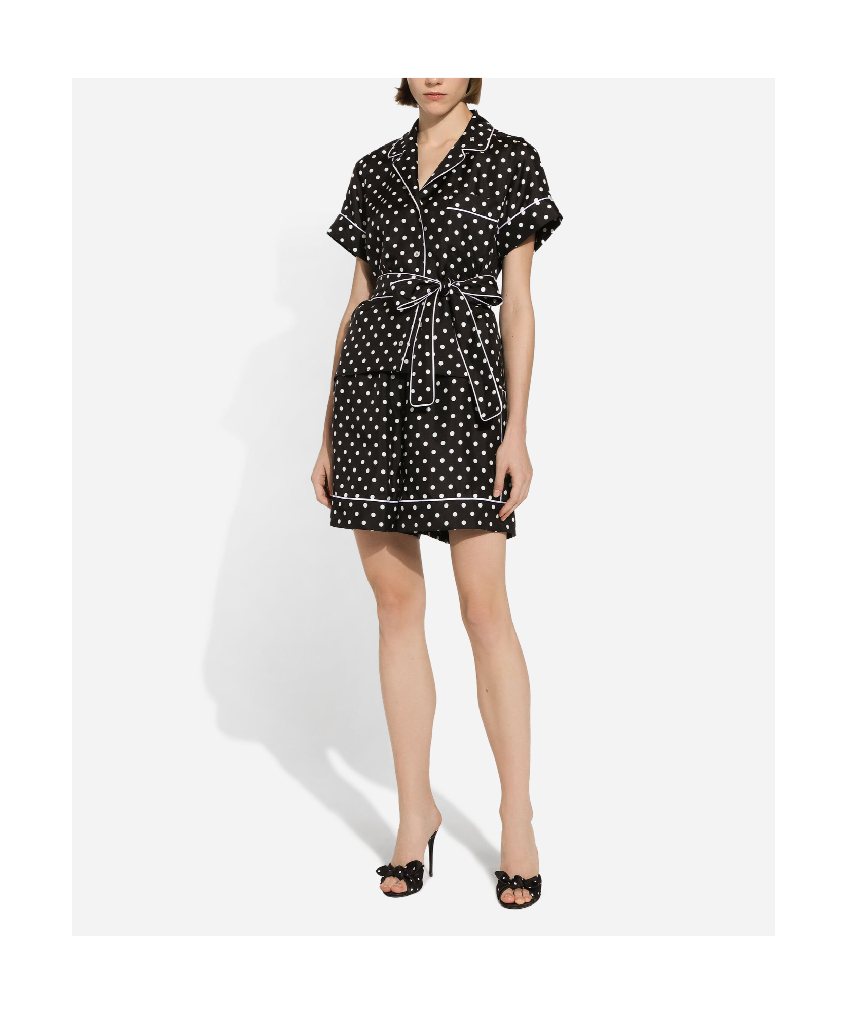 Dolce & Gabbana Short-sleeved Silk Pajama Shirt With Polka-dot Print In Black