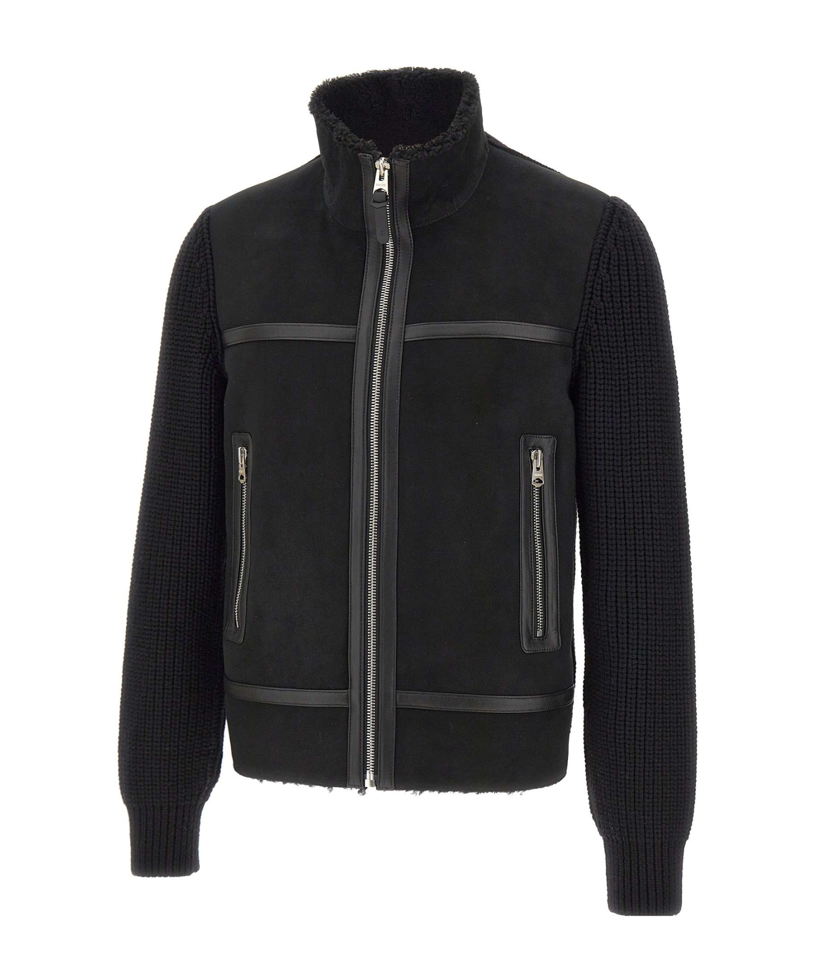Mackage Leather-trimmed Knitted-sleeve Jacket In Black