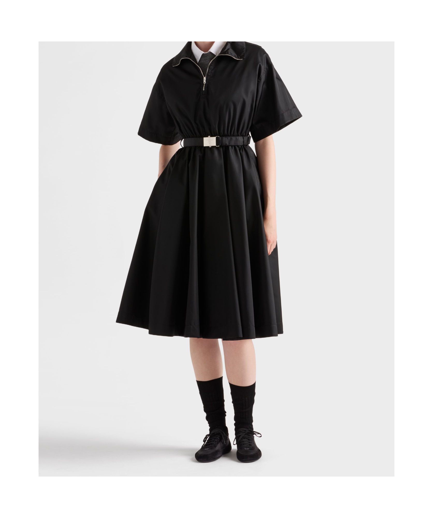 Prada Nylon Dress With Belted Waist And Flared Skirt In Black