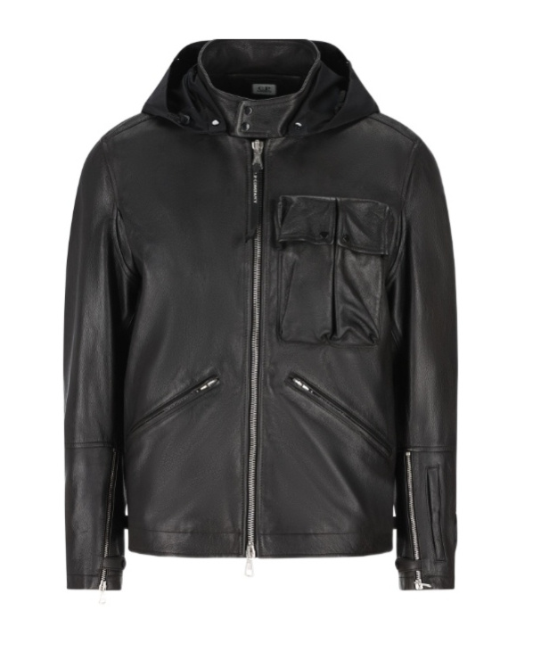 C.p. Company Goggle-detail Leather Jacket In Black