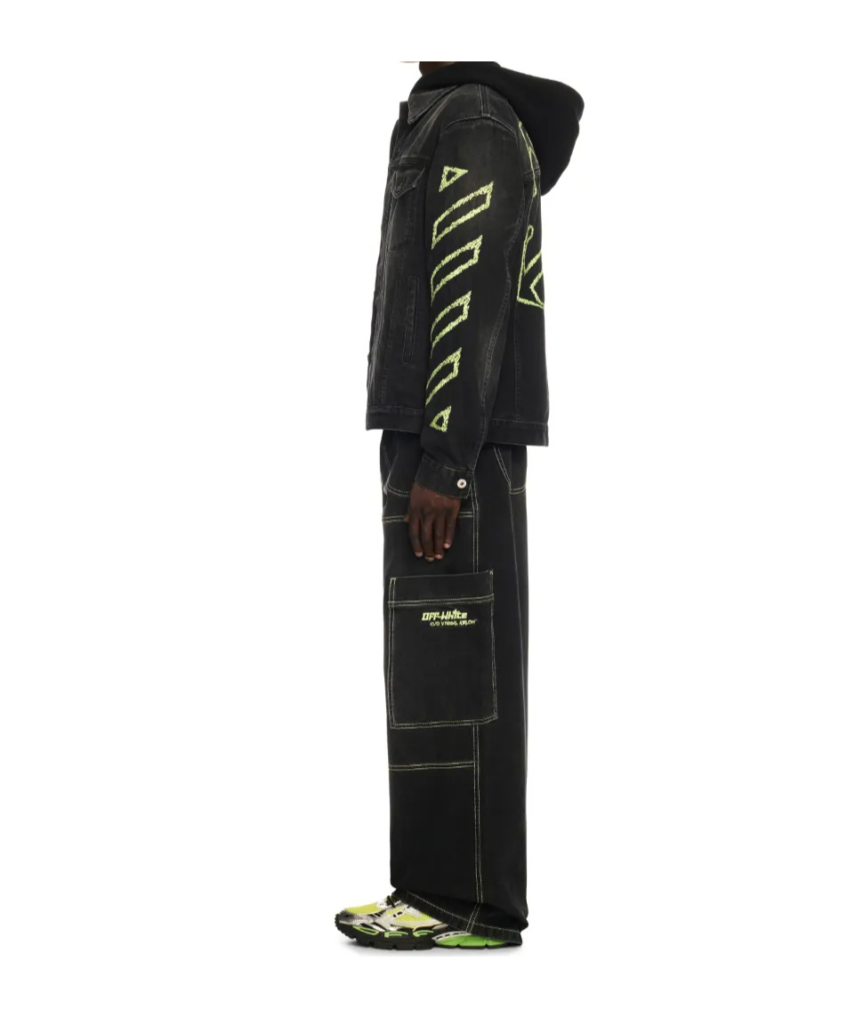 Off-white Diagonal Arrow Outline Embroidered Denim Skate Jacket In Black