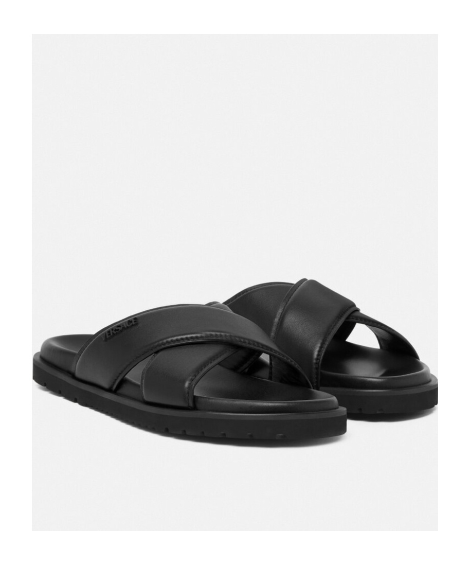 Versace Logo-lettering Leather Slides In Black