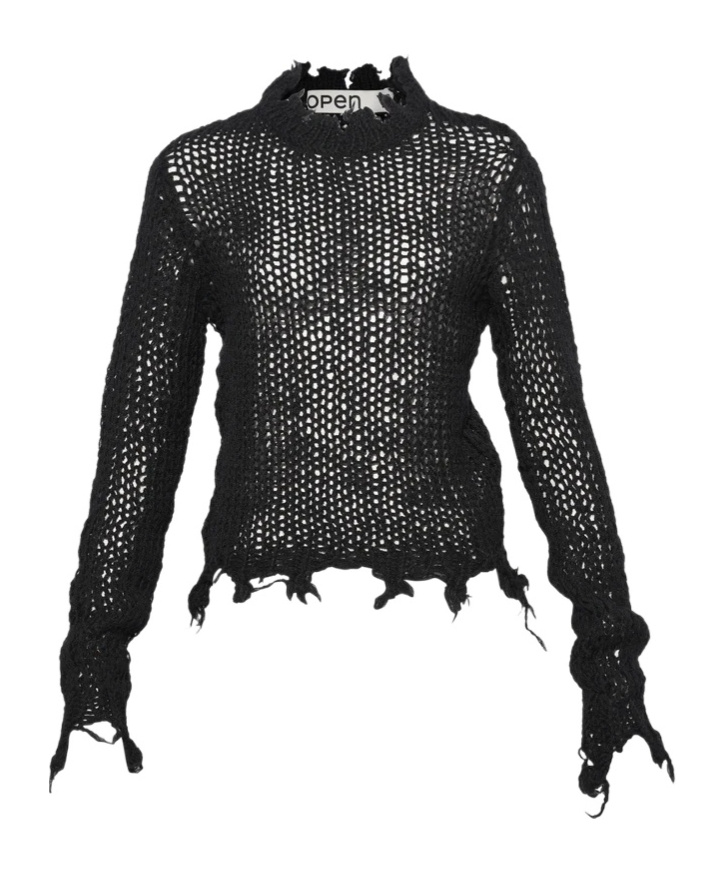 Open Yy Distressed Cropped Knitted Sweater In Black