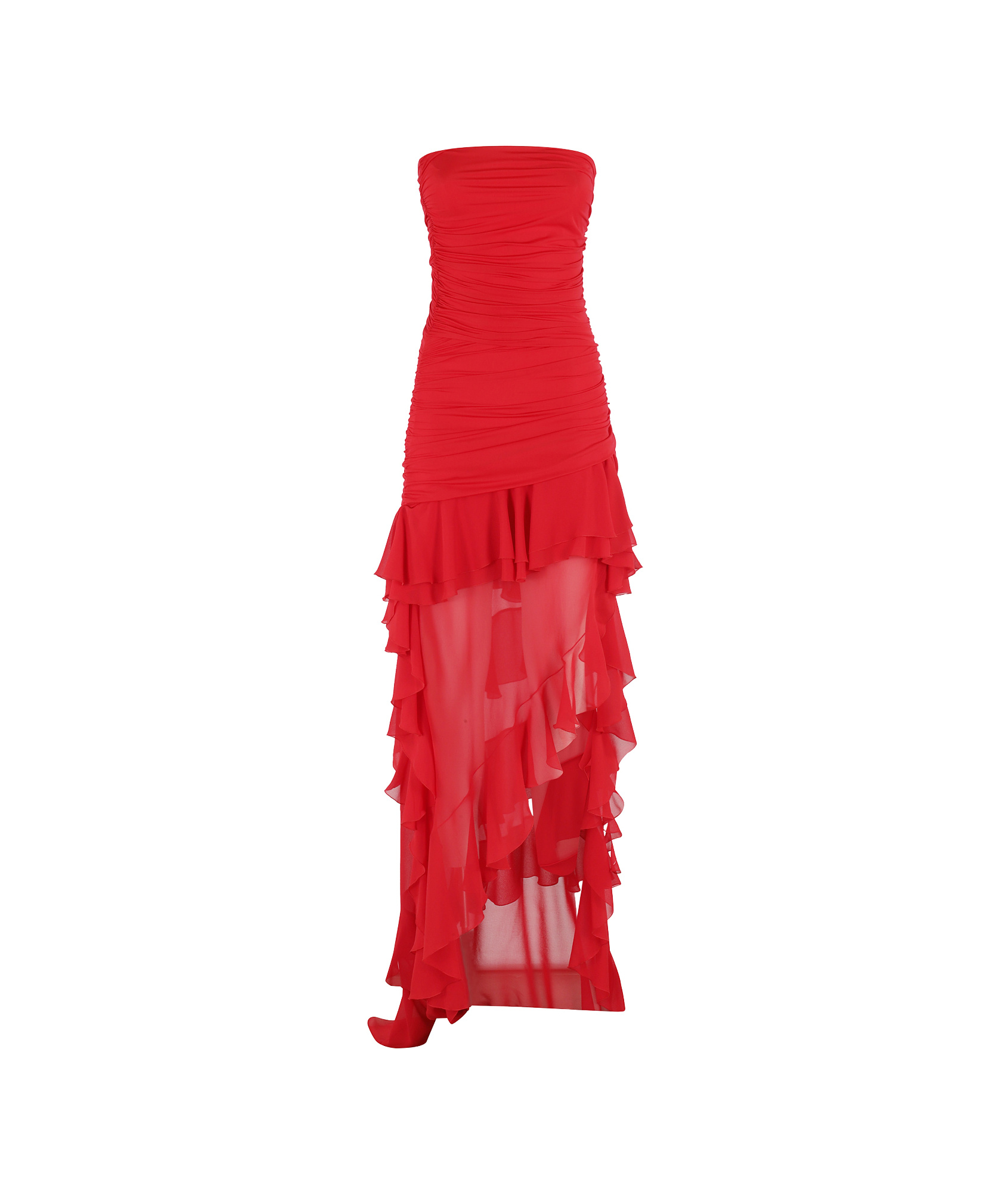 Blumarine Draped Bodice Dress With Asymmetrical Chiffon Skirt In Red